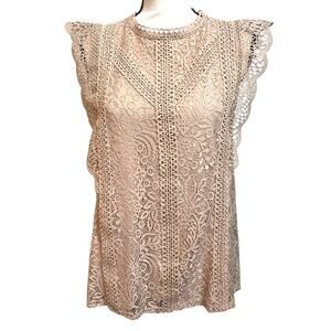 Cable & Gauge Lace Sleeveless Top Large Beige Flutter Sleeve Lined Blouse
